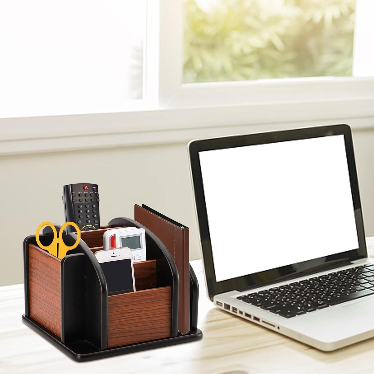 Wood Remote Control Holder for Table, Revolving Office Desktop Organizer