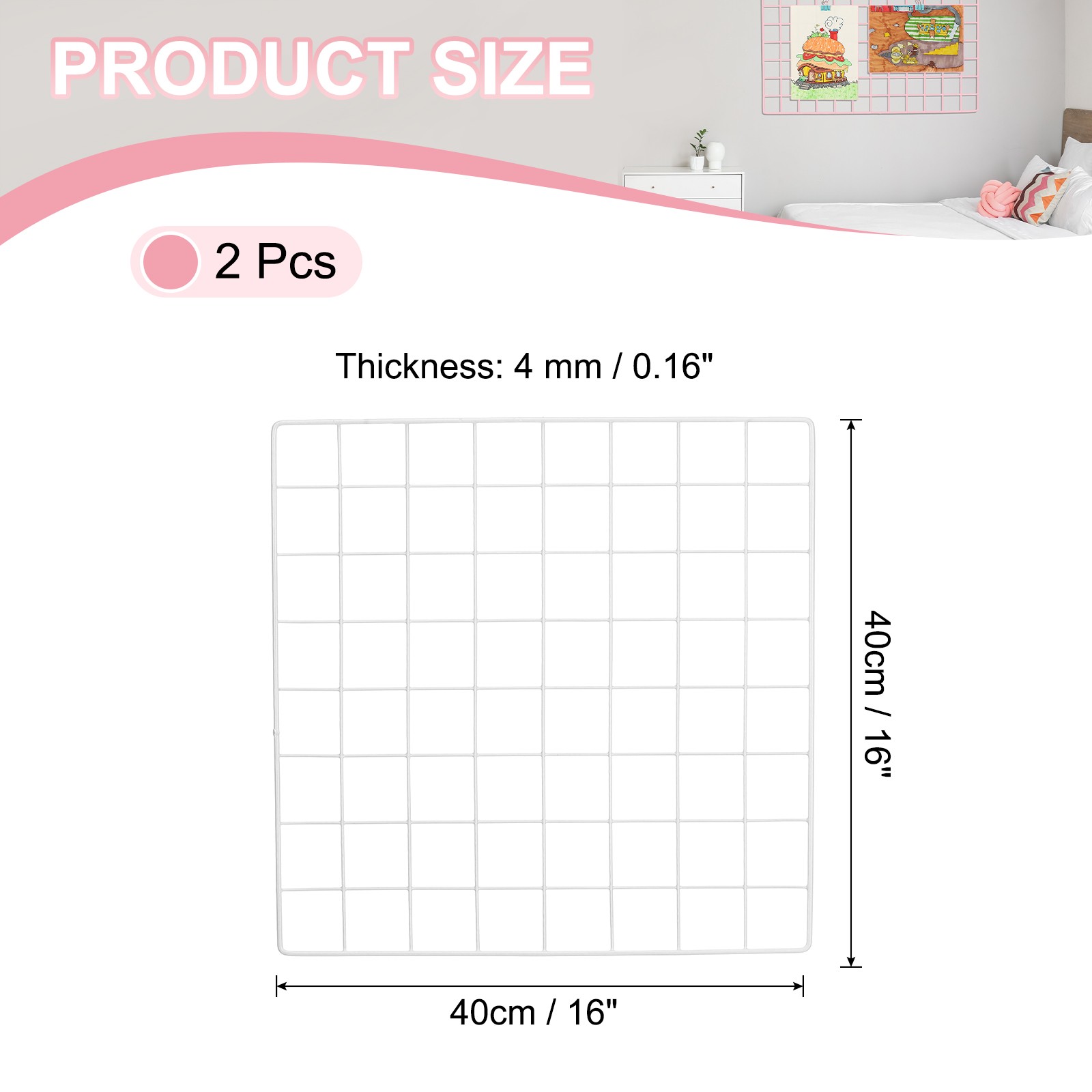 16″x16″ Wire Grid Panel 2 Pcs Wall Grid Decorative Board Photo Display White