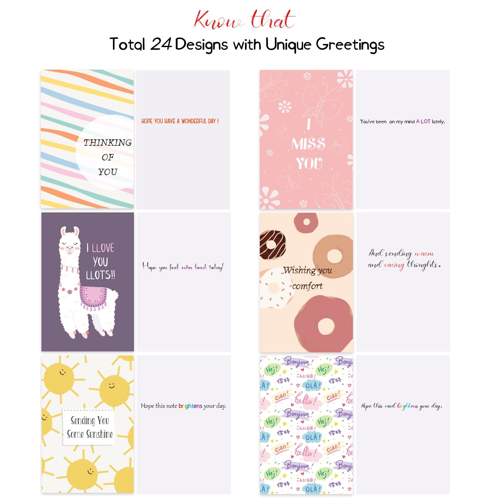 24 Pack Thinking of You Cards Assortment with Self-adhesive 4″x6″, white