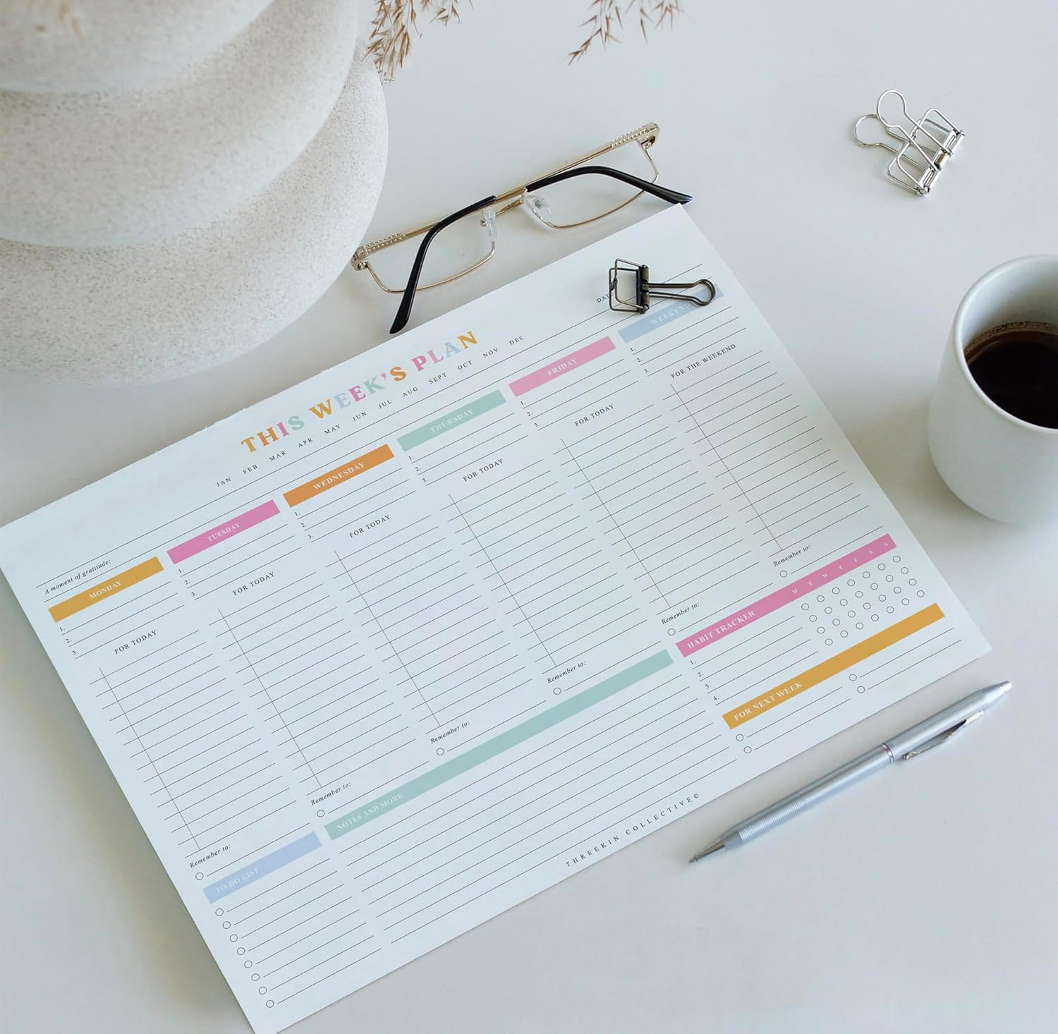 ThreeKin Weekly Planner – Premium 52-Sheet Tear-Off Notepad, 8.5 x 11 inches, Cl
