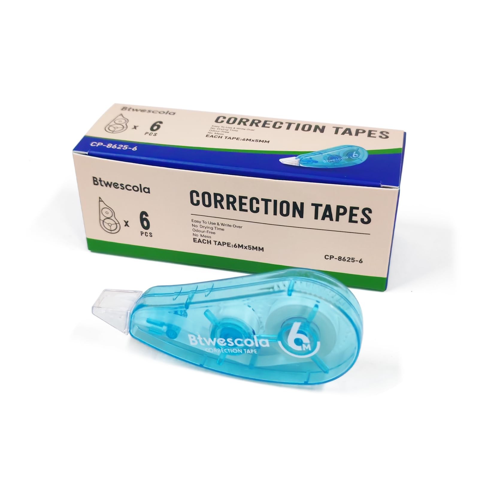 Btwescola Correction Tape, Easy to Use Applicator 1 Count (Pack of 6), Blue