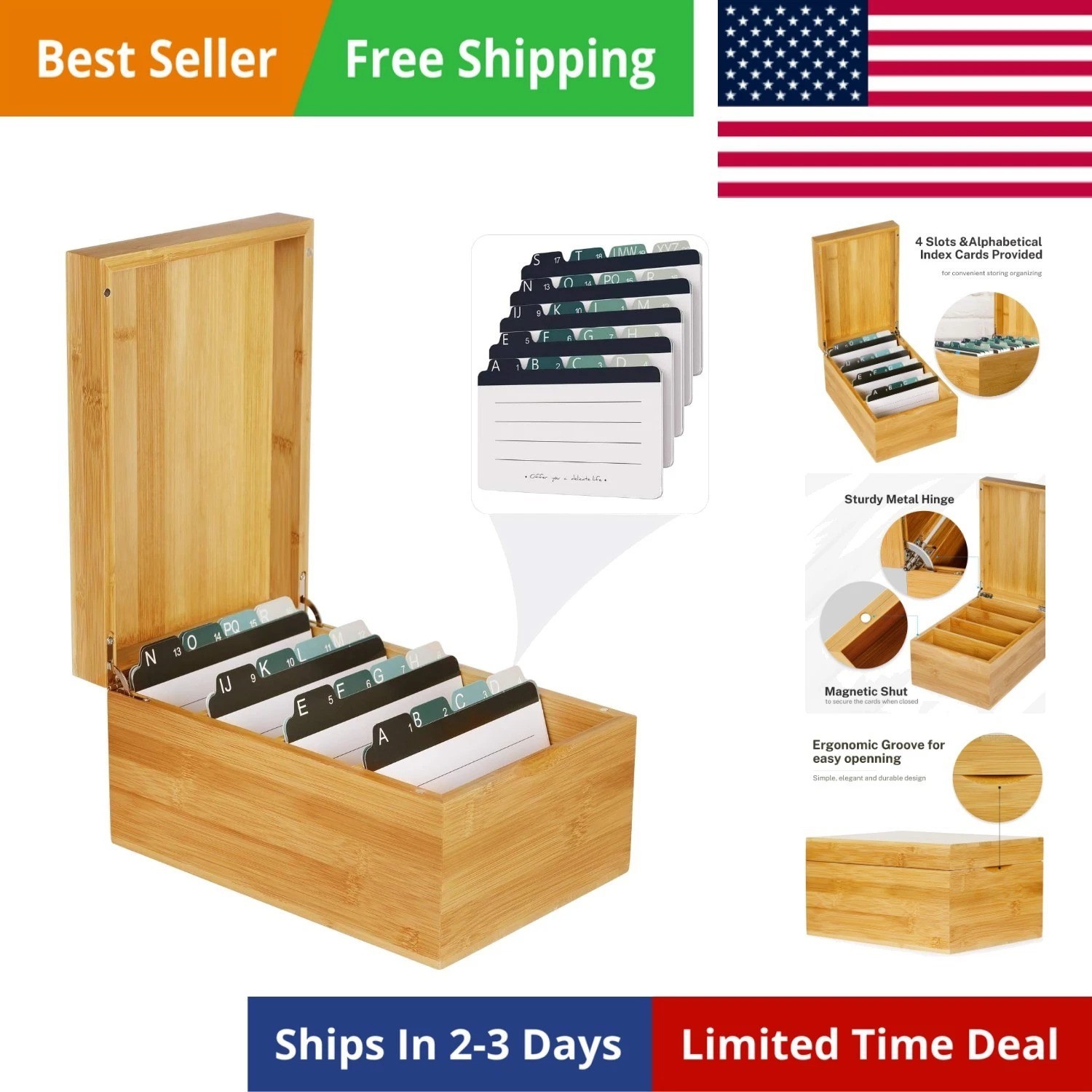 Index Card Holder, 4 x 6Inch Wooden Business Card Organizer for Desk with 3 D…