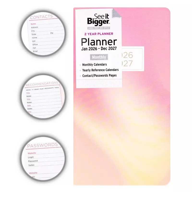 NEW! See It Bigger 3.75″x6.75″ 2 Year 2026-2027 Gold/Pink Monthly Pocket Planner