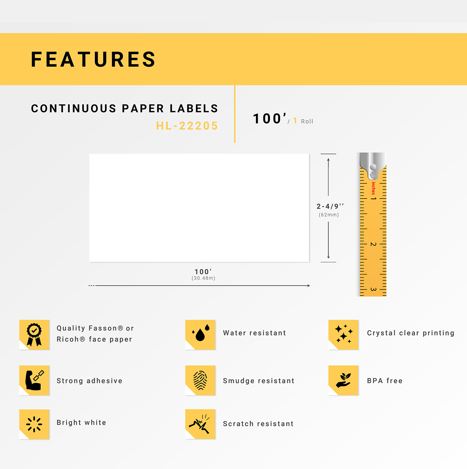 5-100 Rolls – Fits BROTHER DK-2205 DK-22205 62mm Labels or REUSABLE FRAME QL-500