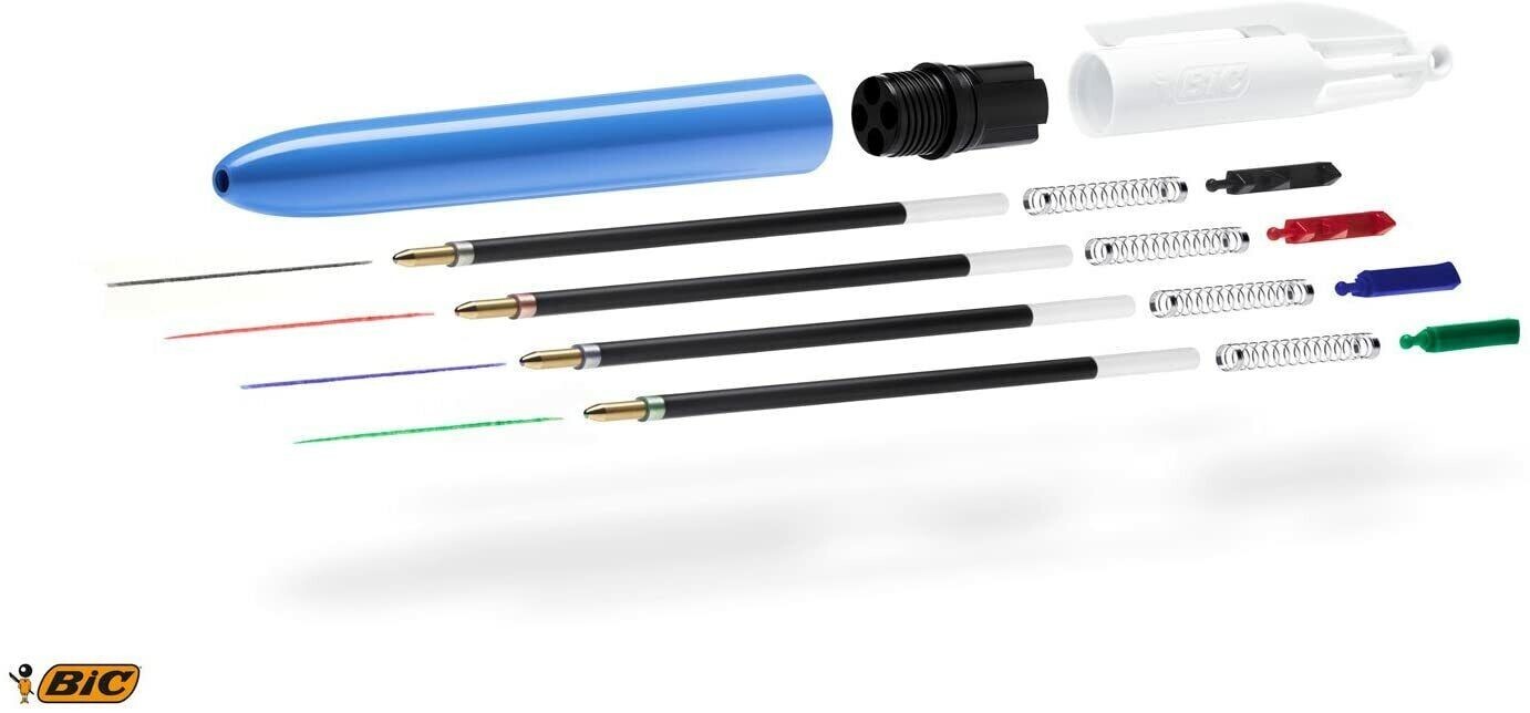 BIC 4-Color Retractable Ballpoint Pen 1mm Black Blue Green Red Ink Blue Barrel
