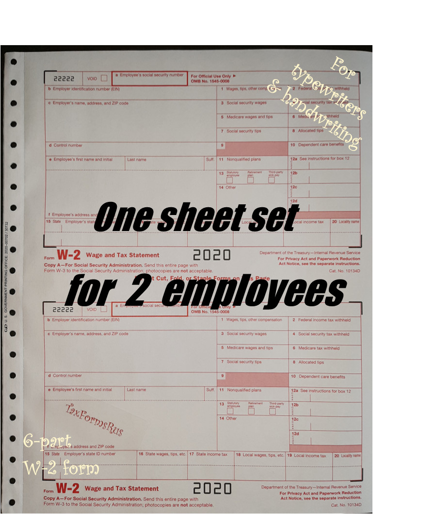 2020 IRS Tax Form W-2 Wage Stmts CARBONLESS single sheet for 2 employees, 6-part