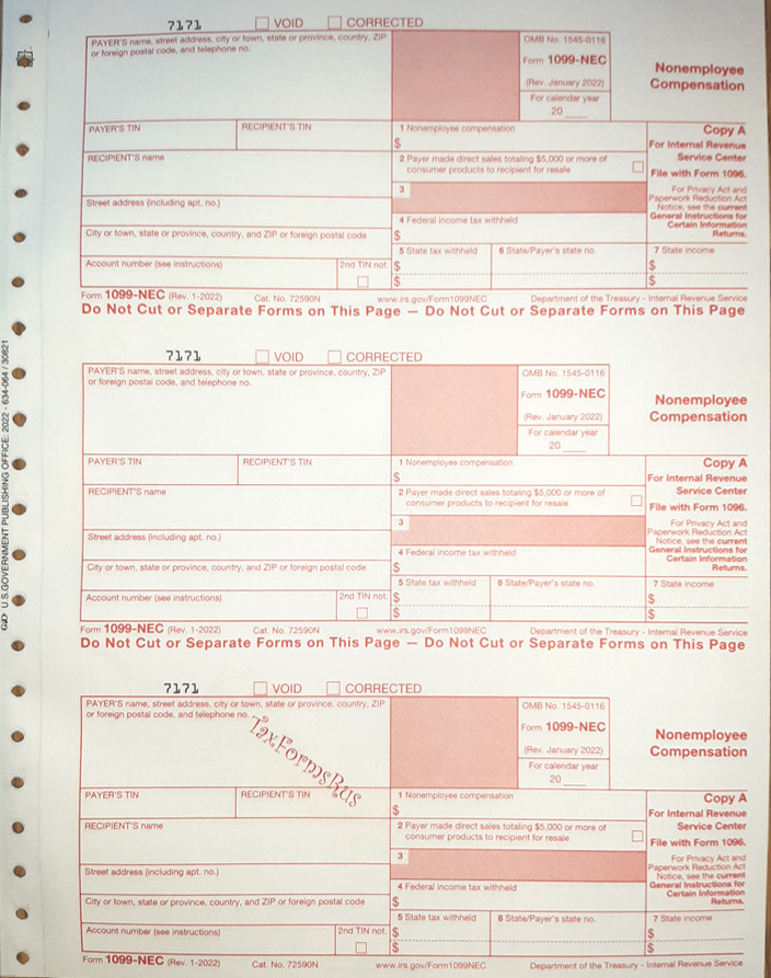2024 IRS Tax Form 1099-NEC single sheet set for 3 recipients carbonless, 5-pt