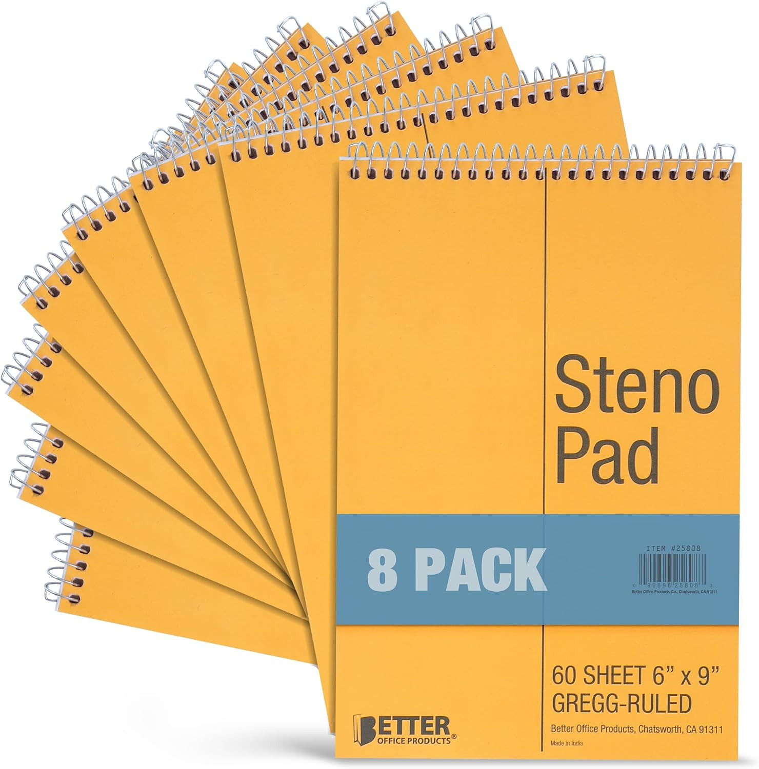 Better Office Products Spiral Steno Pads, 8 Pack, 6 X 9 Inches, 60 Sheets, White