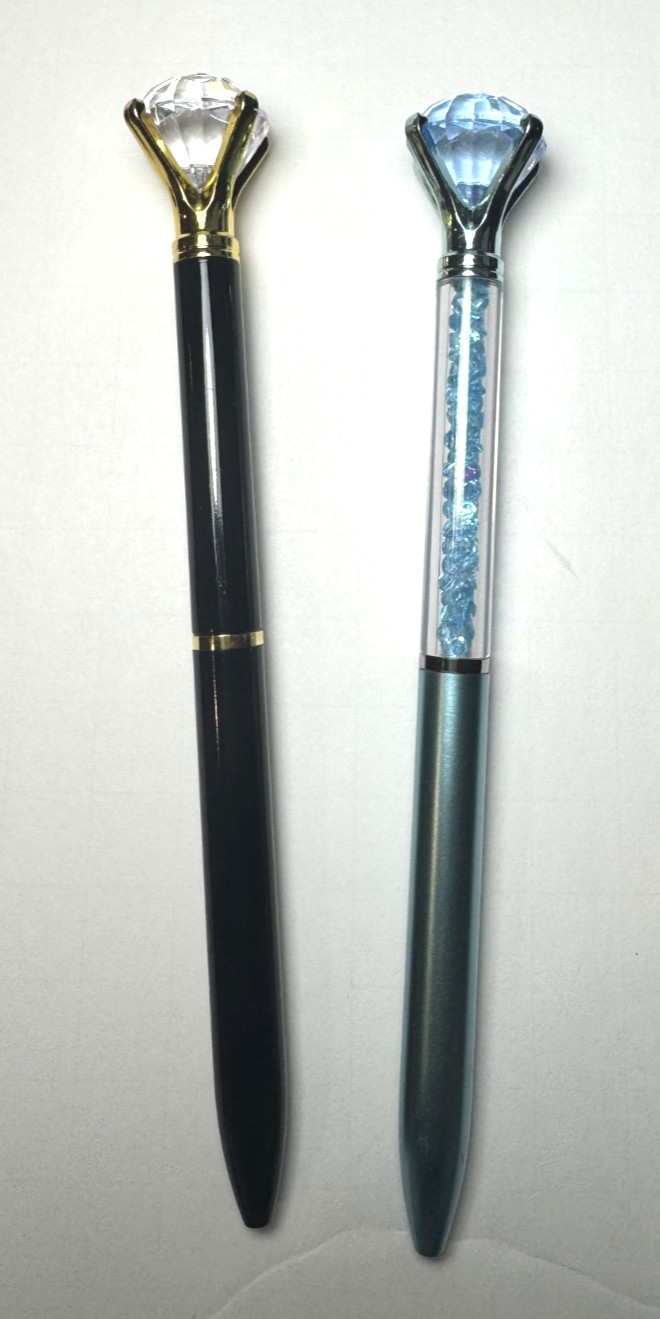 BUNDLE: 2 DIAMOND PENS W CRYSTAL TOP – BLACK – SKY BLUE – BLACK INK – PRE-OWNED