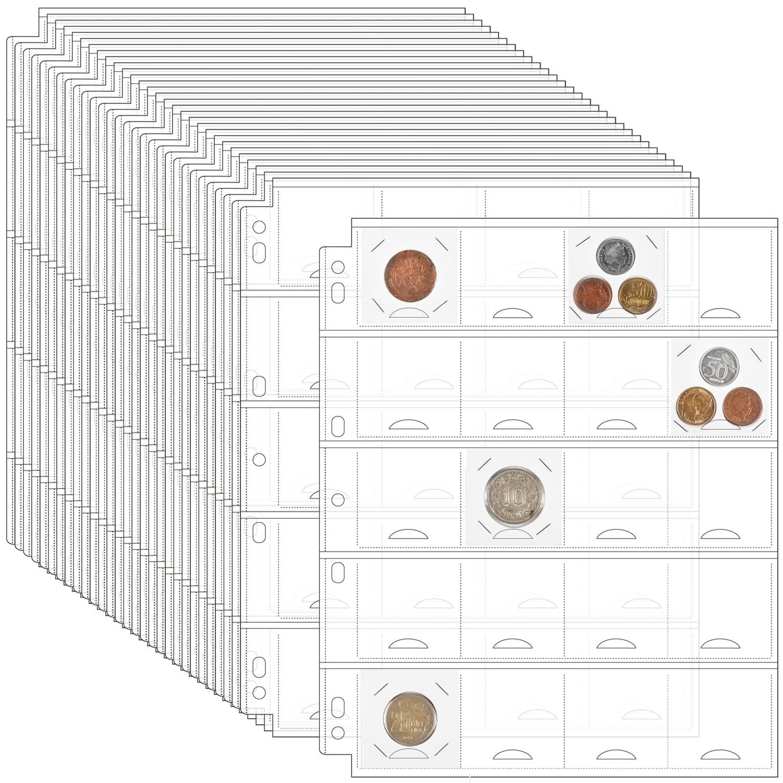 Coin Binder Sheets 30 Sheets 2″ X 2″ Coin Flips – 600 Pockets 7 Holes Coin Pages