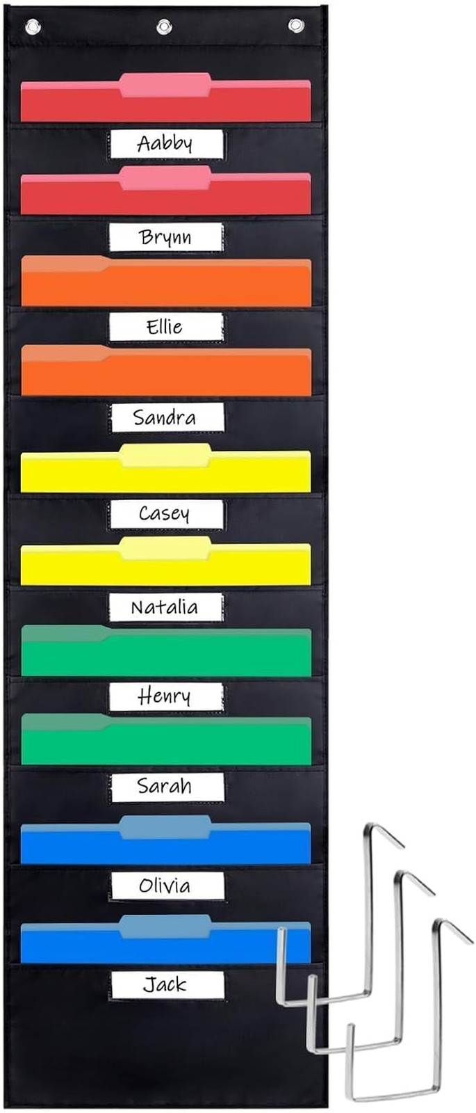 10 Pocket Storage Chart with Nametag Pockets, Hanging Organizer for Files (Black