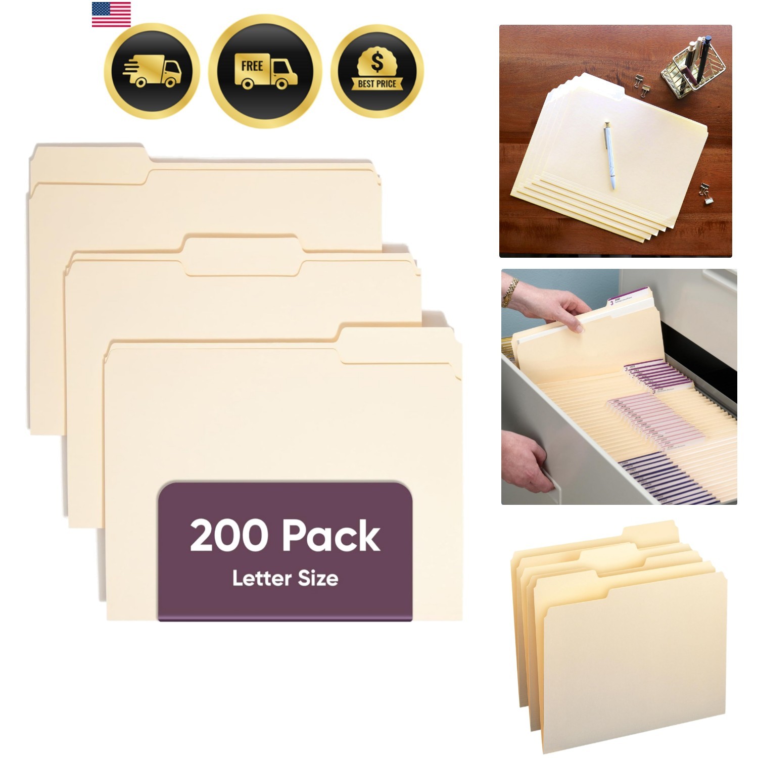 File Folders Letter Sized, 1/3-Cut Tab, Assorted Positions, Letter Size Manil…