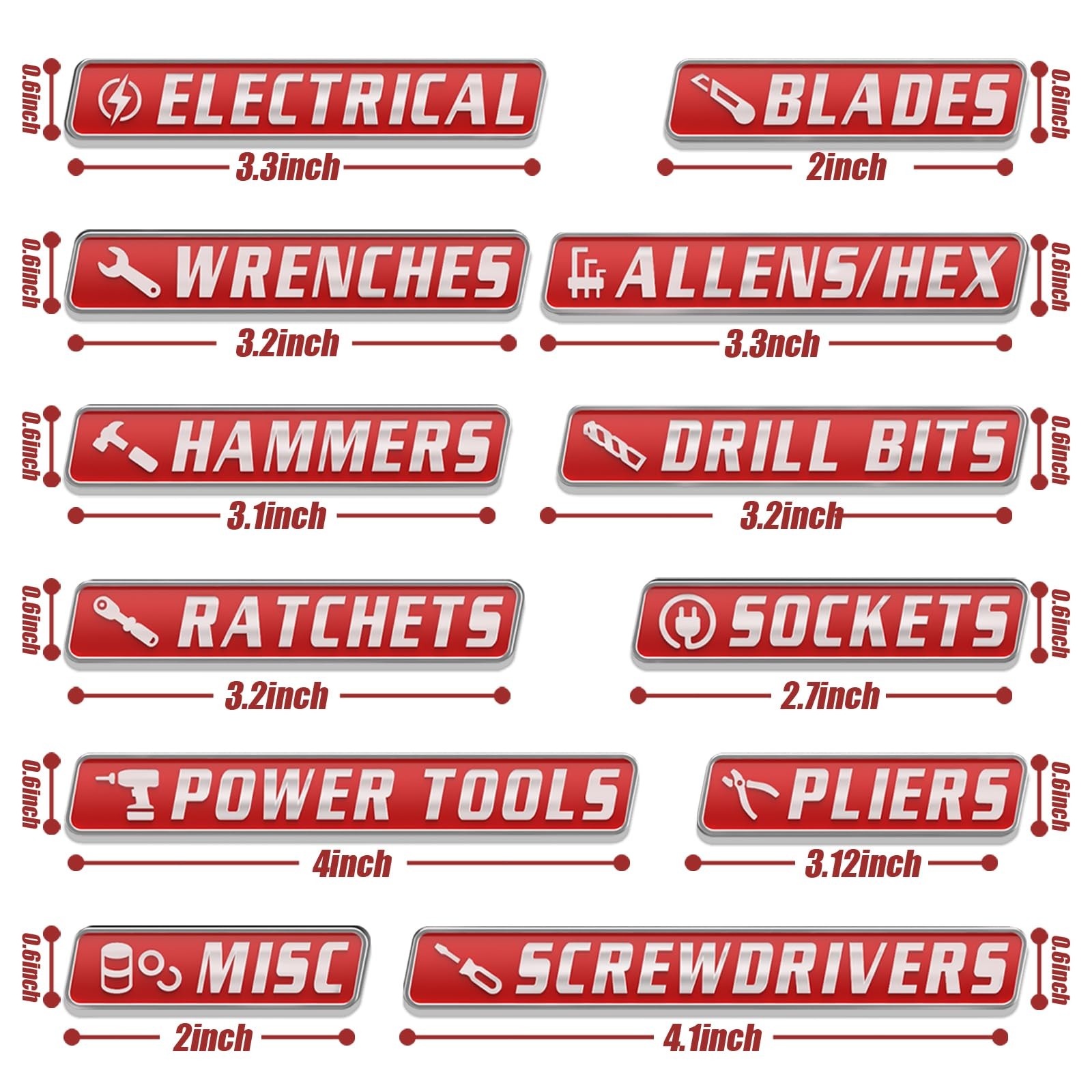 12 Pack Magnetic Toolbox Labels,3D Metal 12 x 18 inch (30 cm x 45 cm), Red