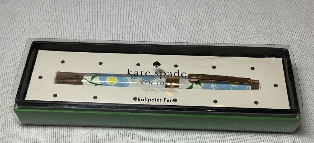 KATE SPADE NEW YORK BALLPOINT PEN BLUE YELLOW FLOWERS GOLD 5.5 inches NIB