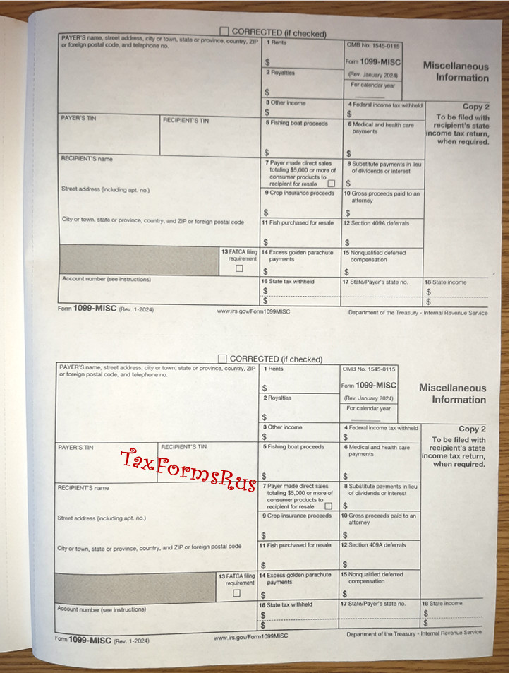 2025 IRS Tax Form 1099-MISC single sheet for 2 recipients NON-carbonless 4pt 2up