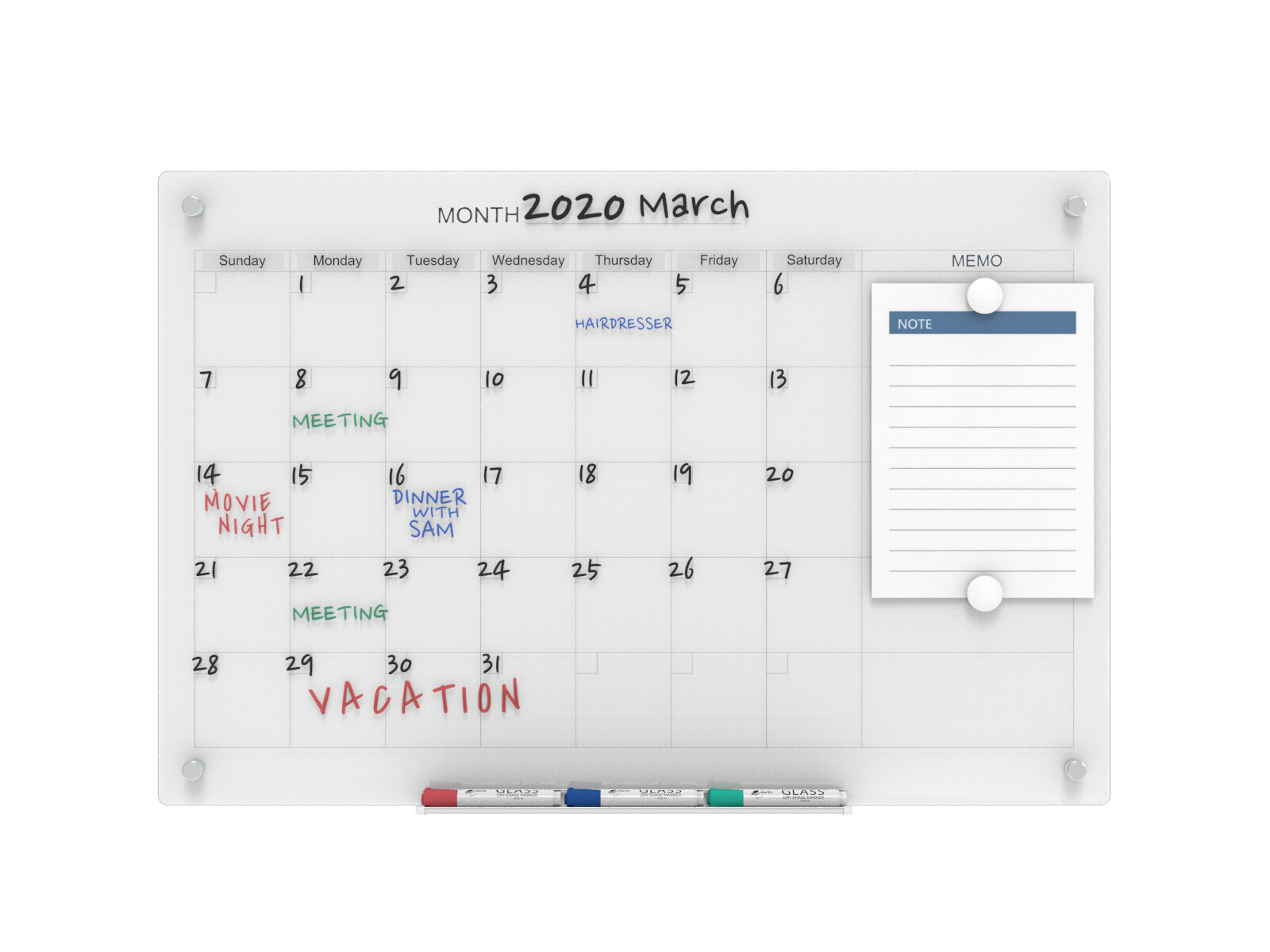 Audio-Visual Direct Magnetic Glass Calendar Dry-Erase Board Set, Monthly
