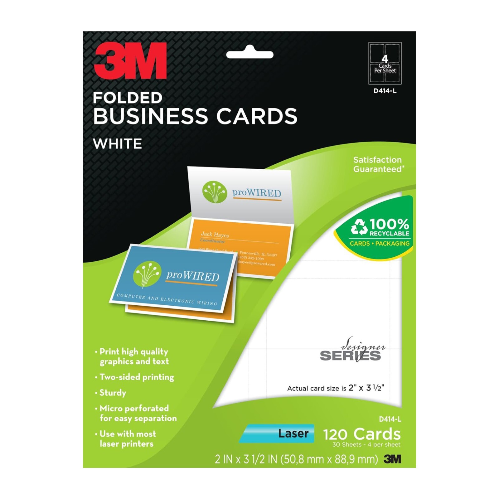3M Folded White Business Cards 2 x 3-1/2 Recyclable Green Laser 120Pk D414-L