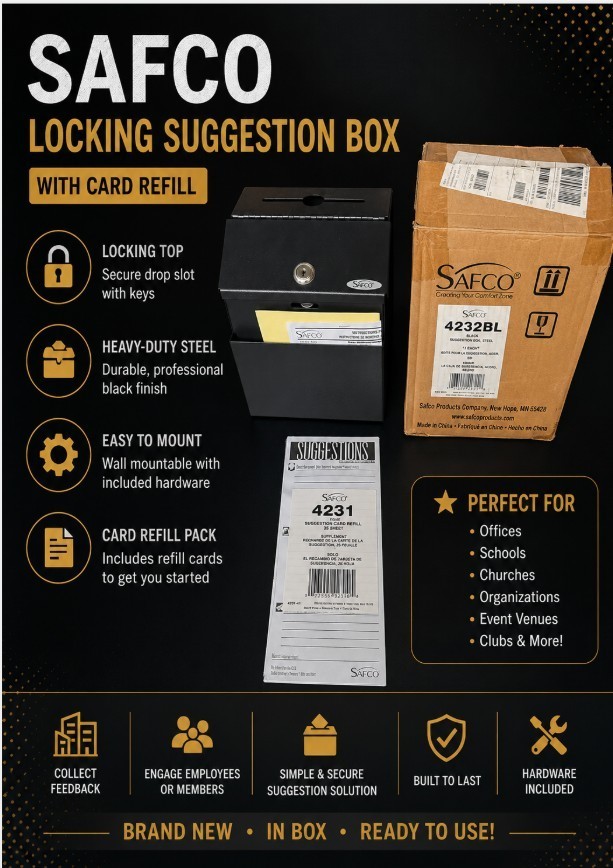 SAFCO 4232BL Suggestion Box Steel Black Keyed Lock Wall Hanging Secure