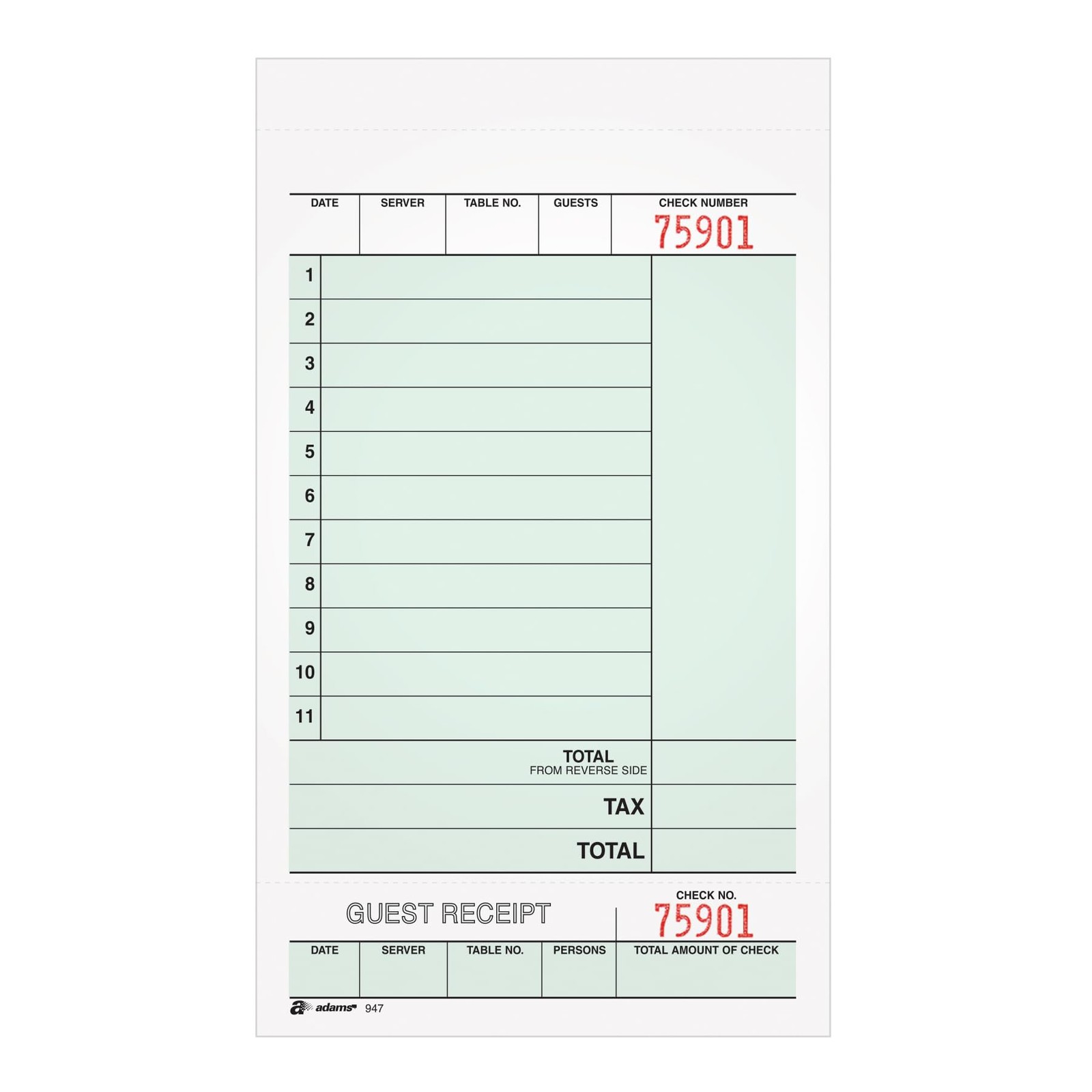 Adams Guest Check Unit Sets, 2-Part, Carbonless, White Bond/Tag, 4-1/4