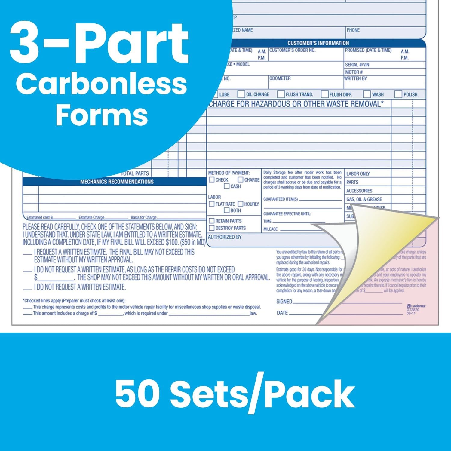 Adams 3-Part Carbonless Auto Repairs Book 8.5″L x 7.44″W 50 Forms/Book 301630