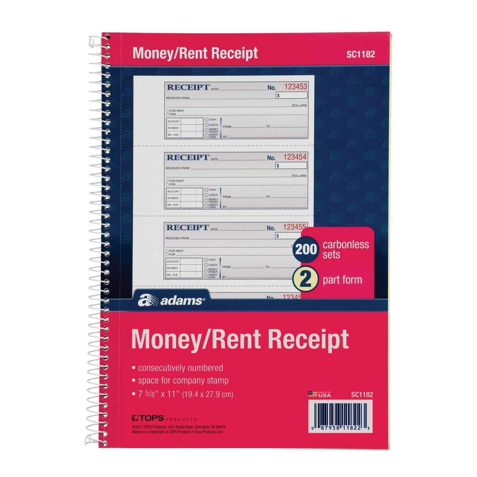 Adams Money and Rent Receipt Book, 2-Part Carbonless, 7-5/8″ x White/Canary