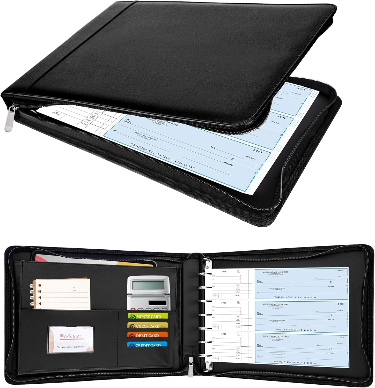 Zippered 7 Ring Business Checkbook Binder Portfolio for 3-On-A-Page Business Che