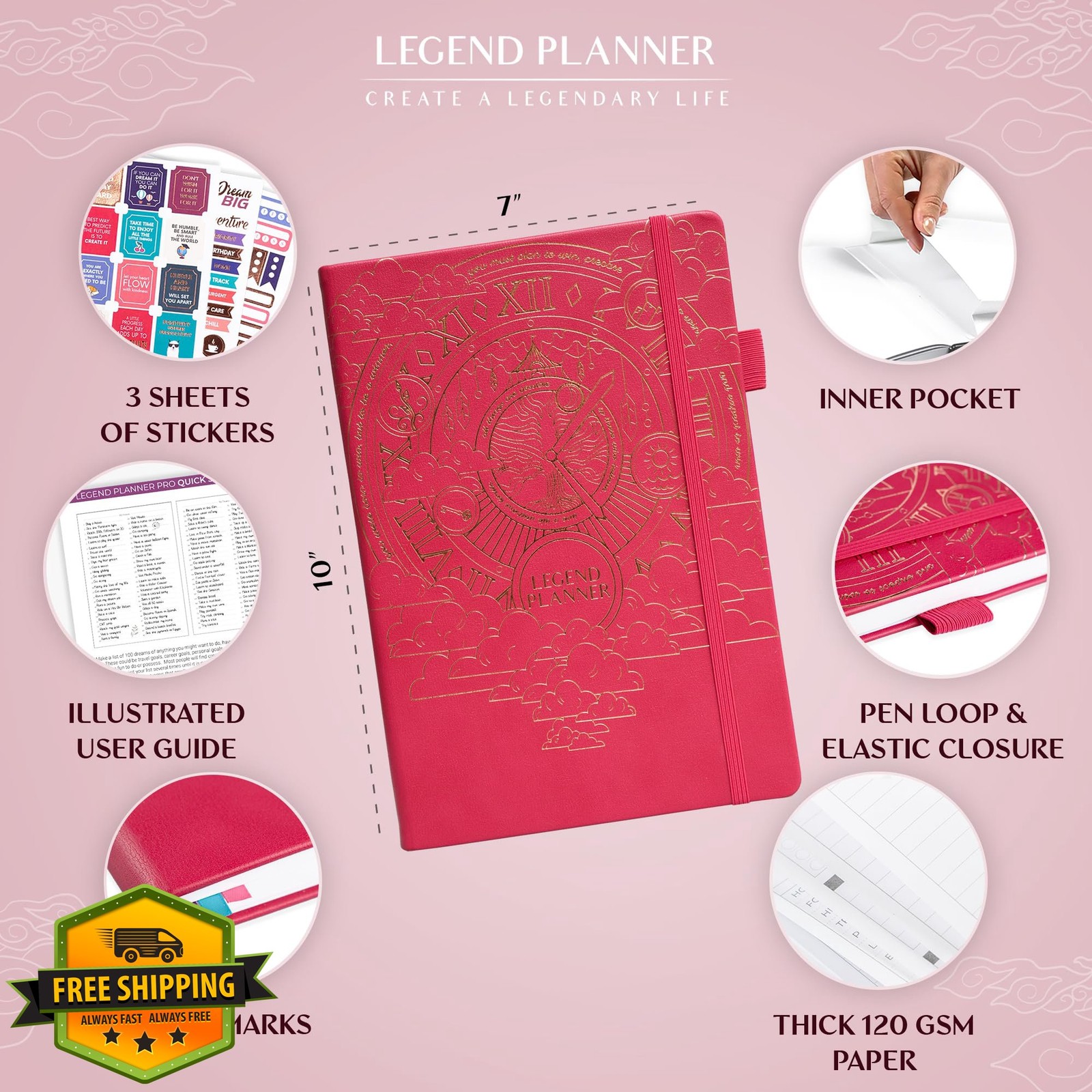 Legend Planner PRO Undated Life Planner 7×10 Hardcover Hot Pink