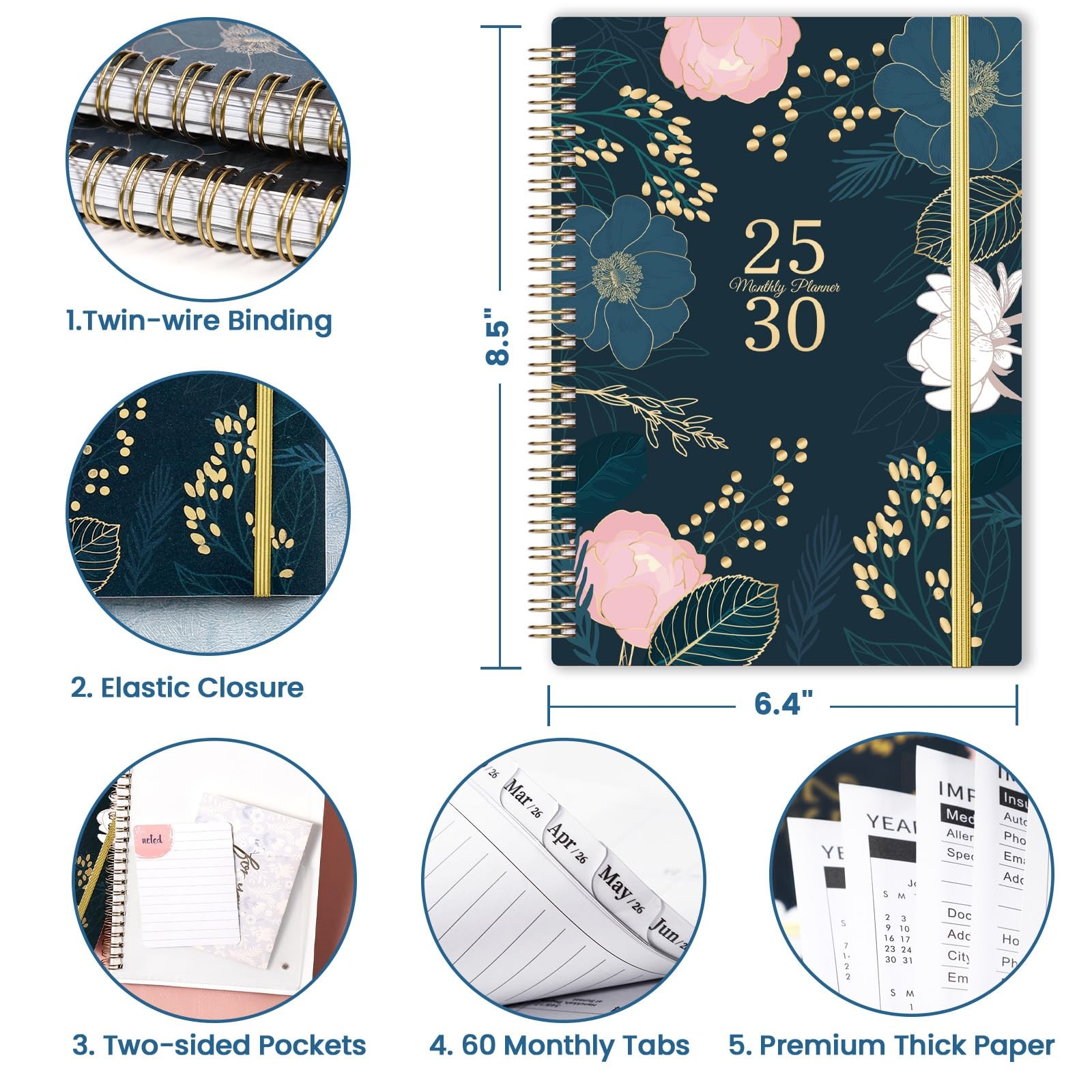 5 Year Monthly Planner 2025 to 2030 Black 6.4 x 8.5 Durable Design with Tabs