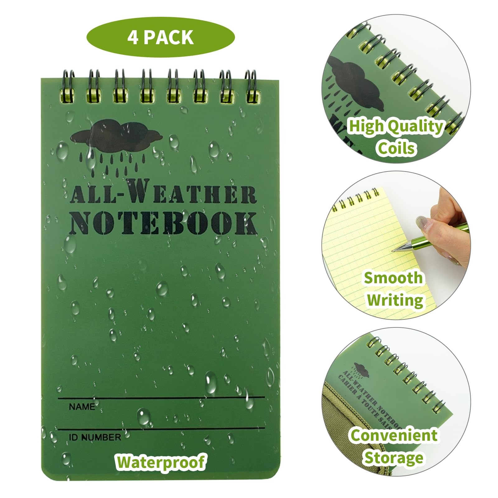 6Pcs Write in the Rain Notebook Waterproof Pocket Notebook Green
