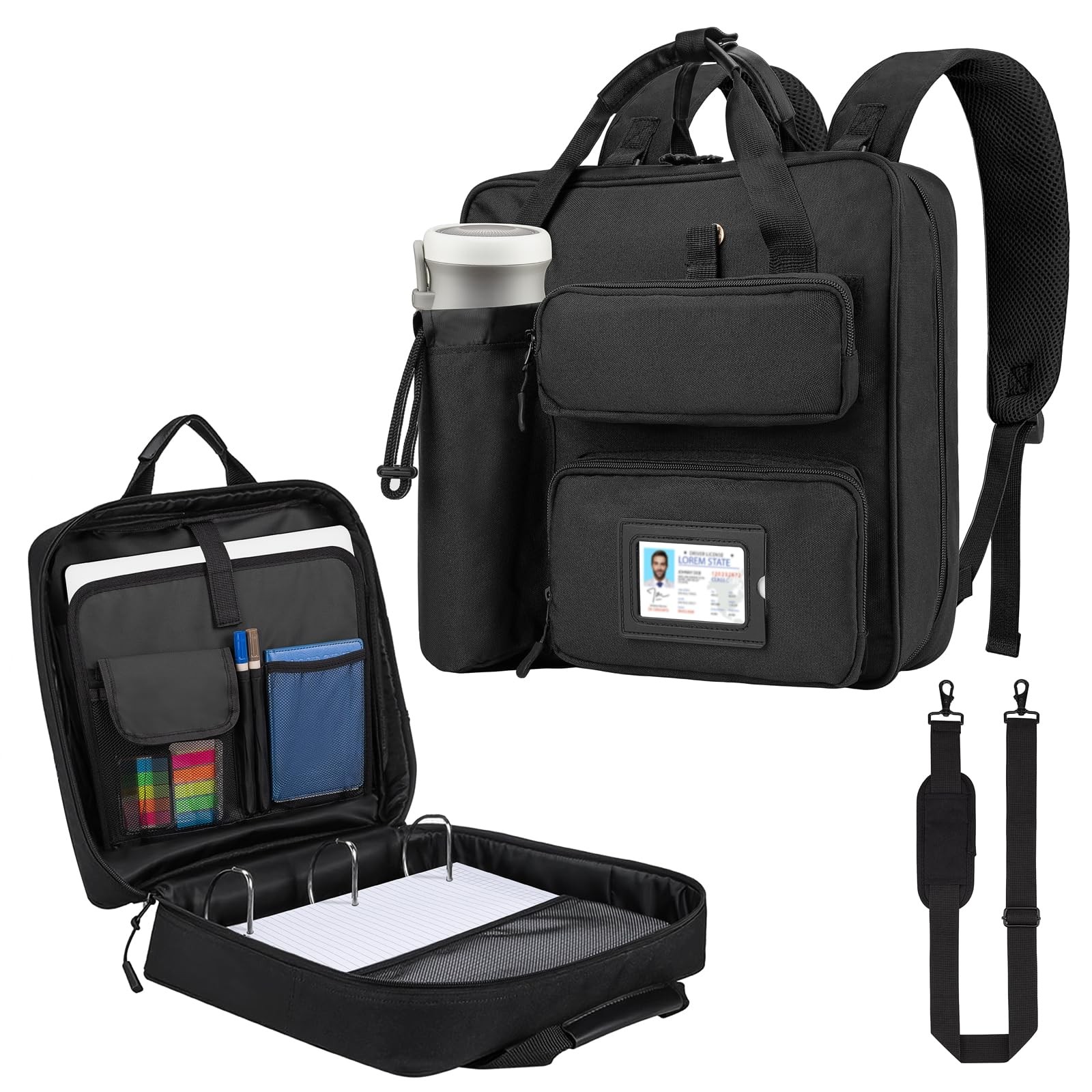 Zipper Binder 3 Ring 3-inch with Shoulder Strap & Backpack Straps, Black 700 …