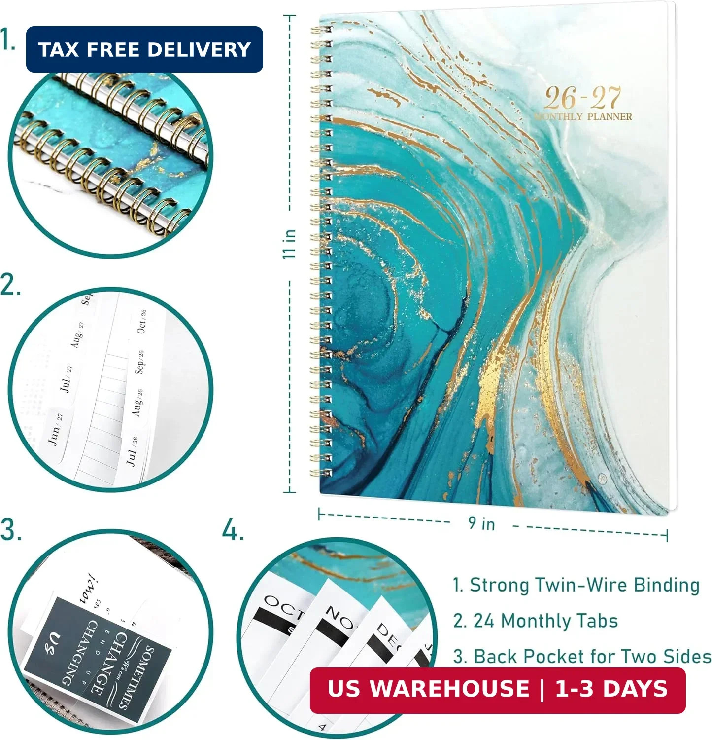2026-2027 Monthly Planner – Jan. 2026 to Dec. 2027, 9″ x 11″, Spiral Bound With