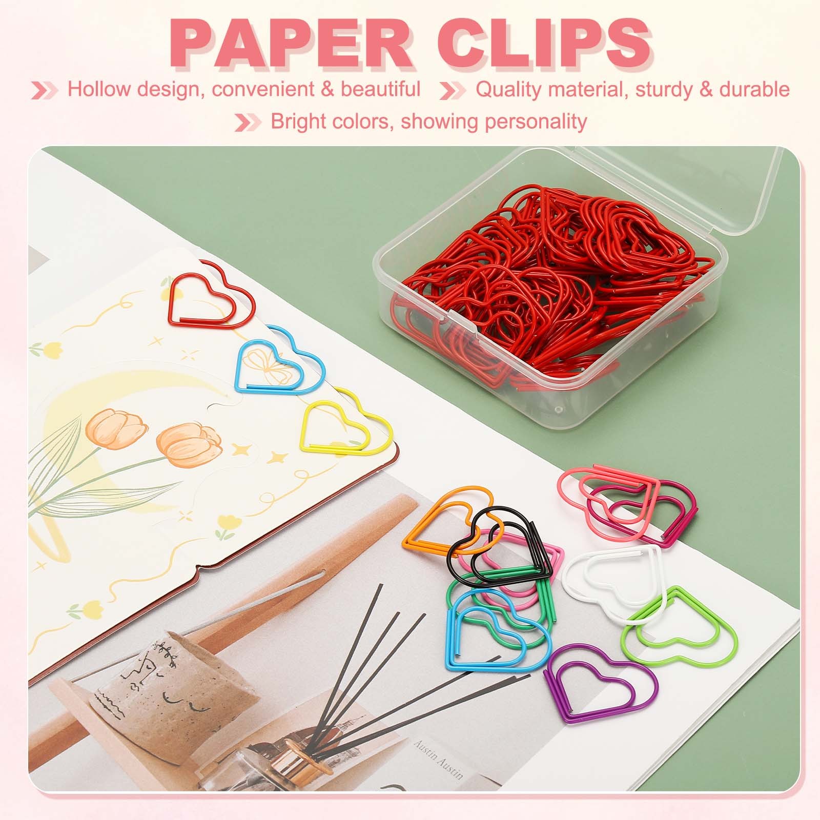 100 Pcs Heart Shape Paper Clip, Metal Paper Clip, Plastic Coating, Yellow