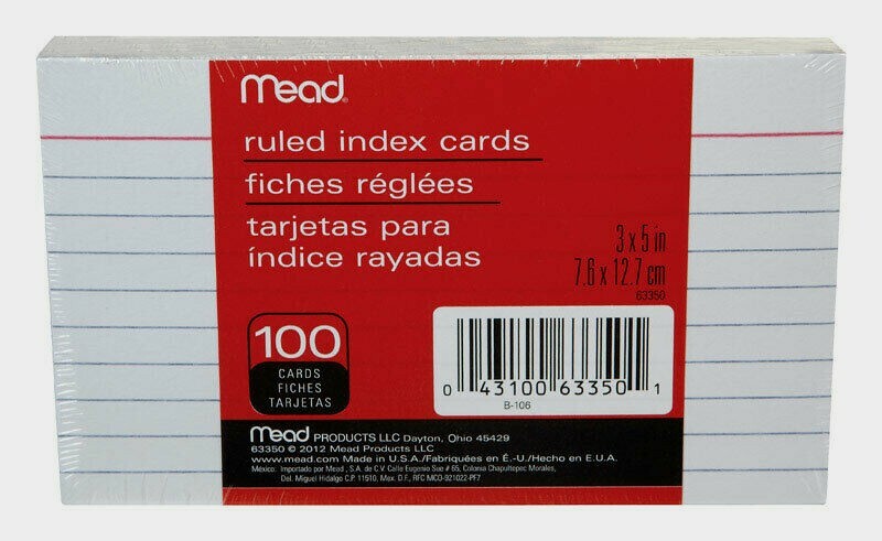 Mead Ruled INDEX CARDS 5″ x 3″ 100 count Acid Free Flashcards Speeches Notes NEW