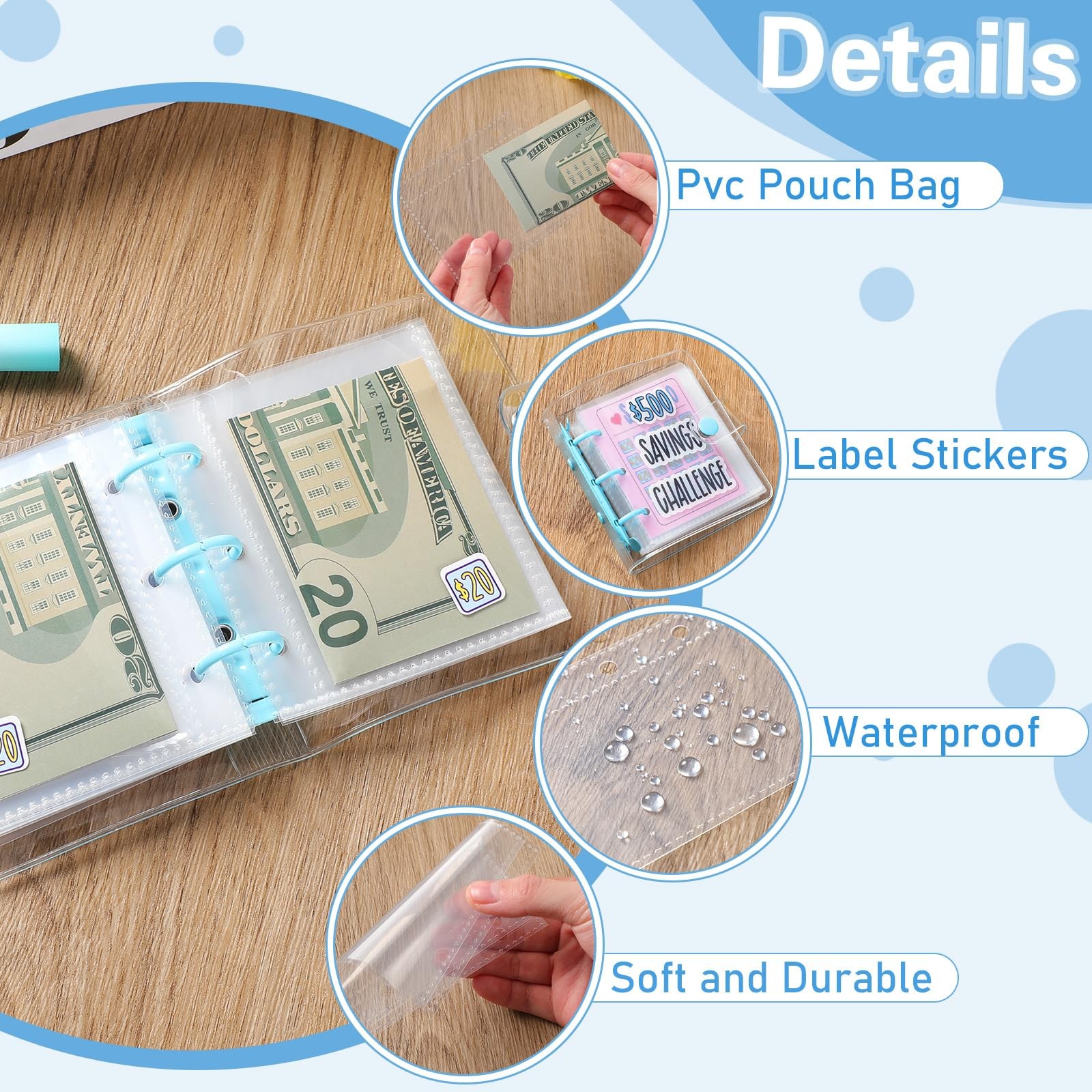 2 PCS Mini Money Savings Binder Saving Challenge Book Cash Envelopes Pink Blue