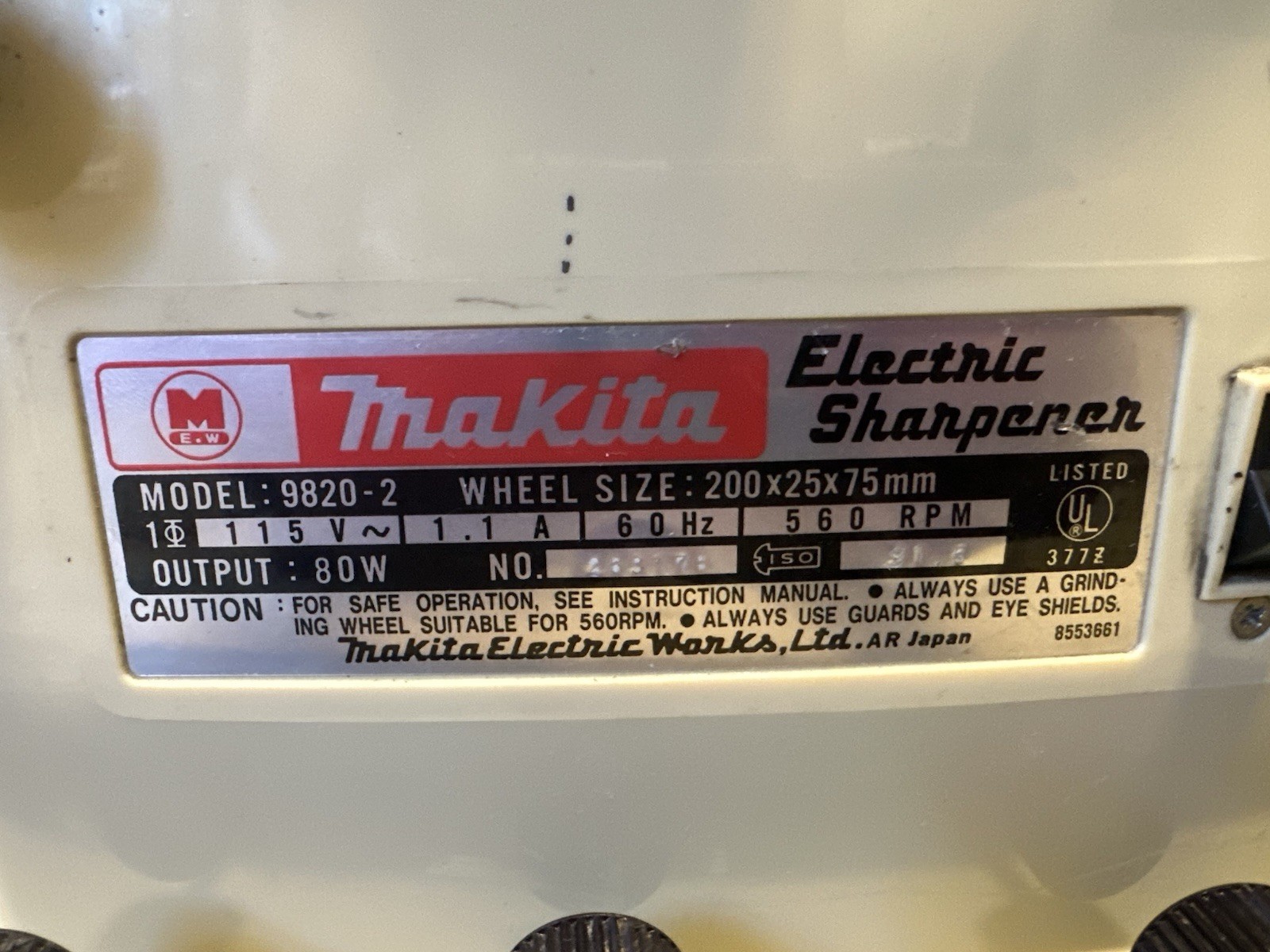 Makita Electric Sharpener Model 9820-2 560 RPM 60HZ 115 V Tested Works