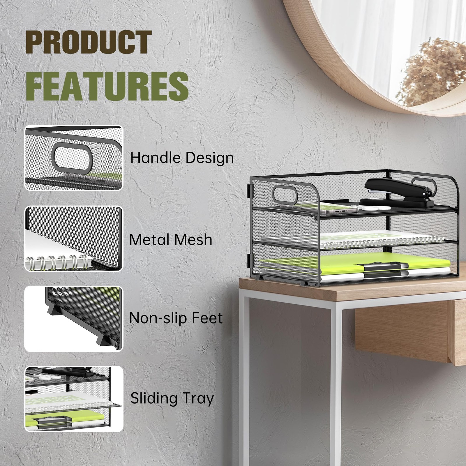 Mesh Paper Organizer Tray, 3 Tier File Holder For A4 Documents, Black