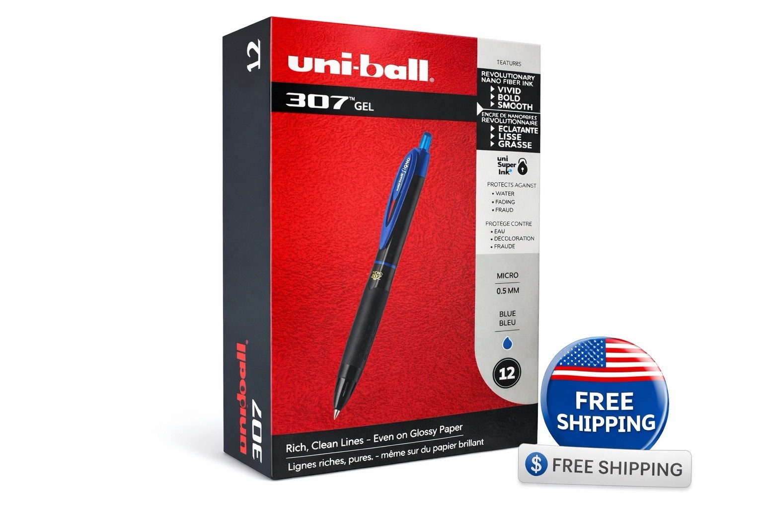 Uni-ball 307 Gel Pens Blue Ink 0.5mm Micro Point 12 Pack Smooth Writing