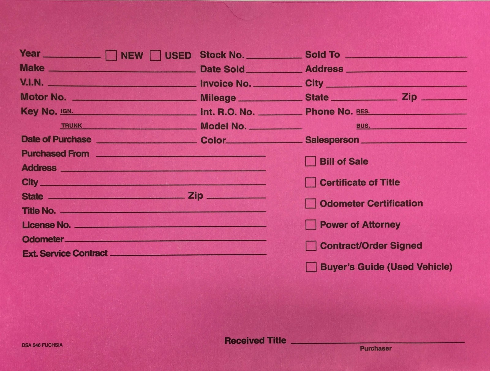 Printed Vehicle Deal Envelopes • DSA-546 Fuchsia • Qty 100 (P8TR)