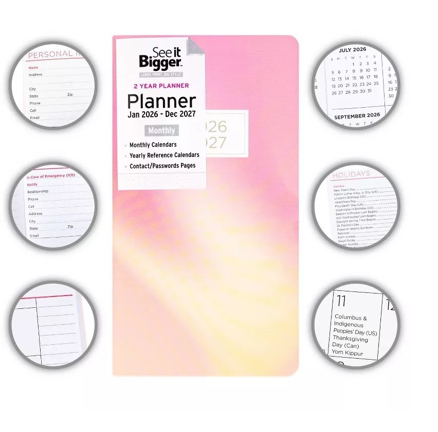 NEW! See It Bigger 3.75″x6.75″ 2 Year 2026-2027 Gold/Pink Monthly Pocket Planner