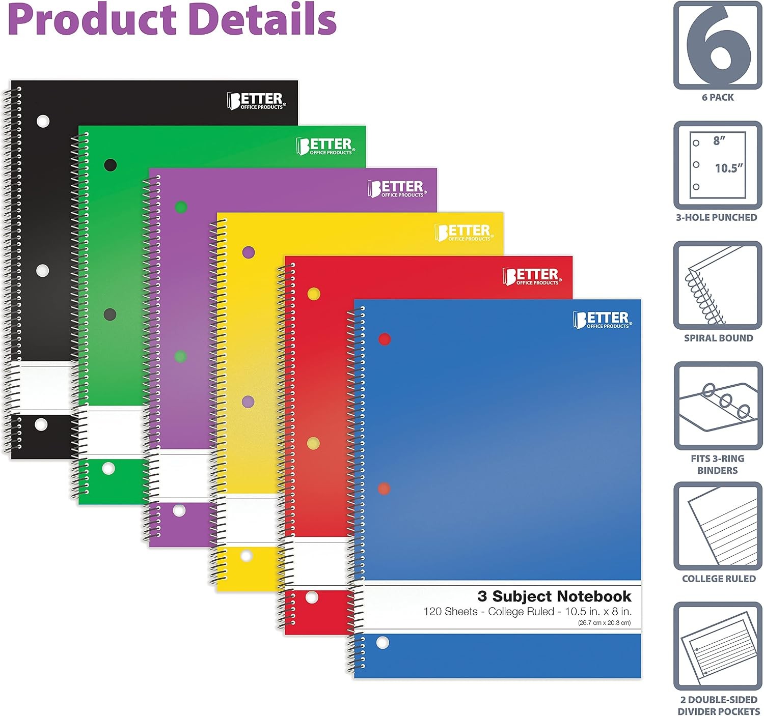 Better Office Products Spiral Notebooks 3-Subject, 6 Pack, College Rule, 120