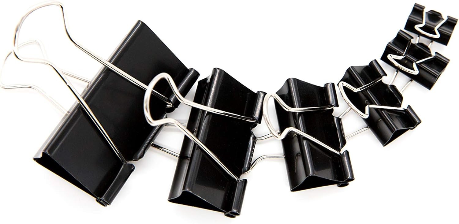 ASSORTED SIZES BLACK BINDER CLIPS Home Office Paper Clamps 6 Sizes 100 Count