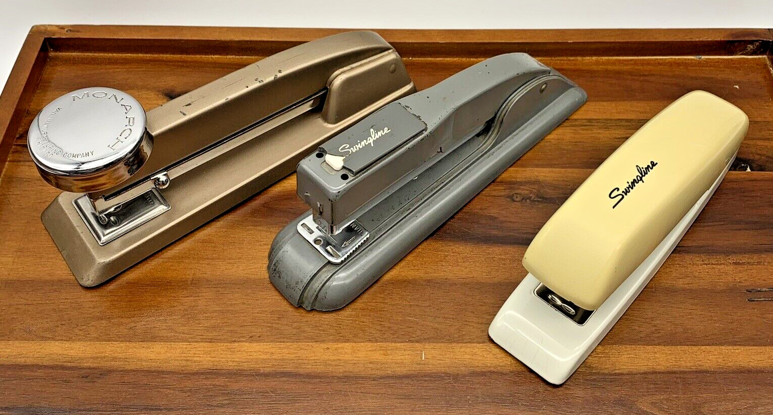 Vintage Swingline and Monarch Desk Staplers Gray Tan Chrome Art Deco 27 646 MCM