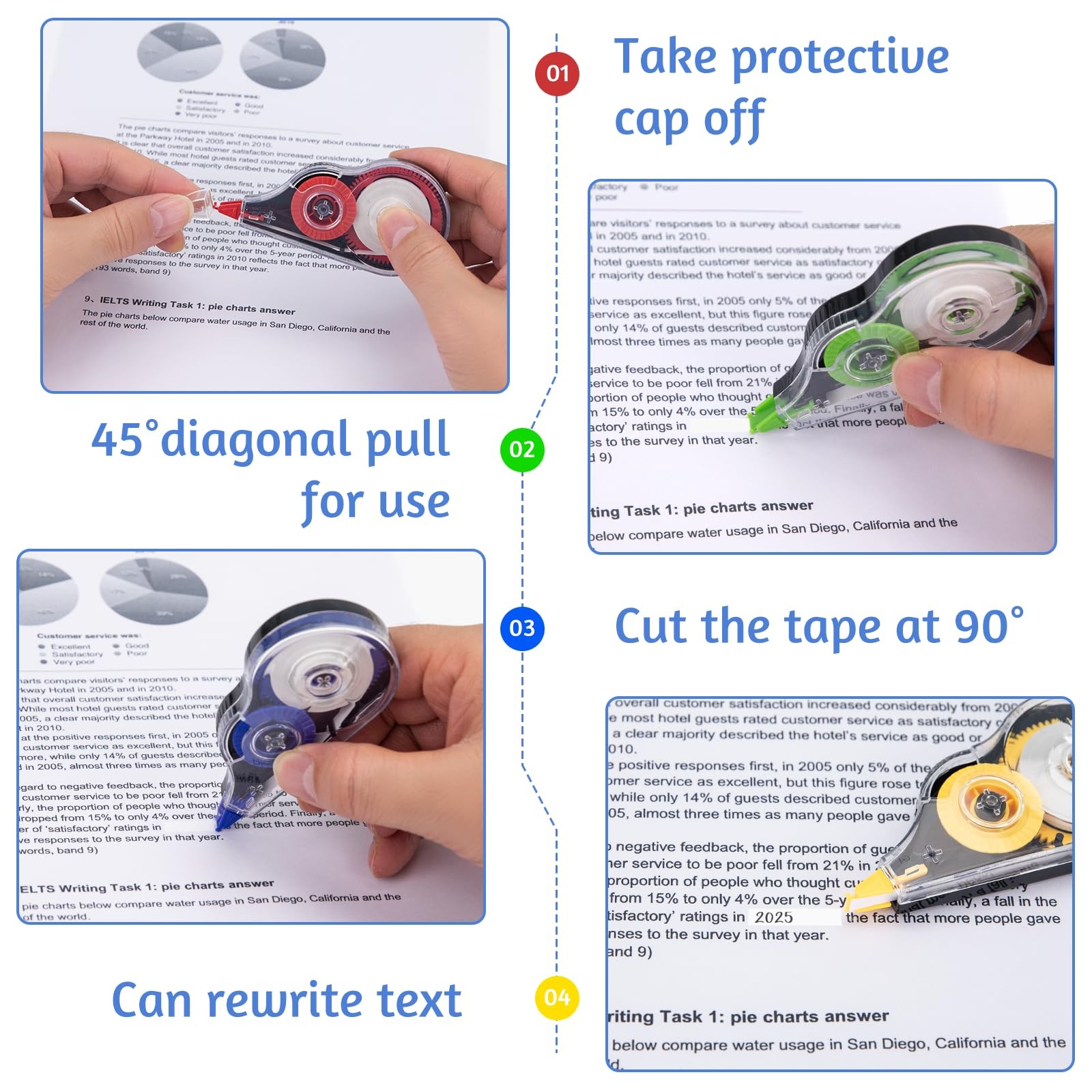 JEFURE 4 Pcs Colorful Correction Tape, Easy To Use 4pcs, Multicolor