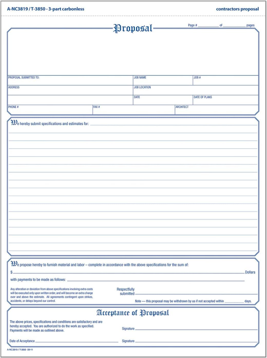 Carbonless Contractor Proposal Forms, 3-Part, 50-Pack, 8.5 x 11.44 Inch