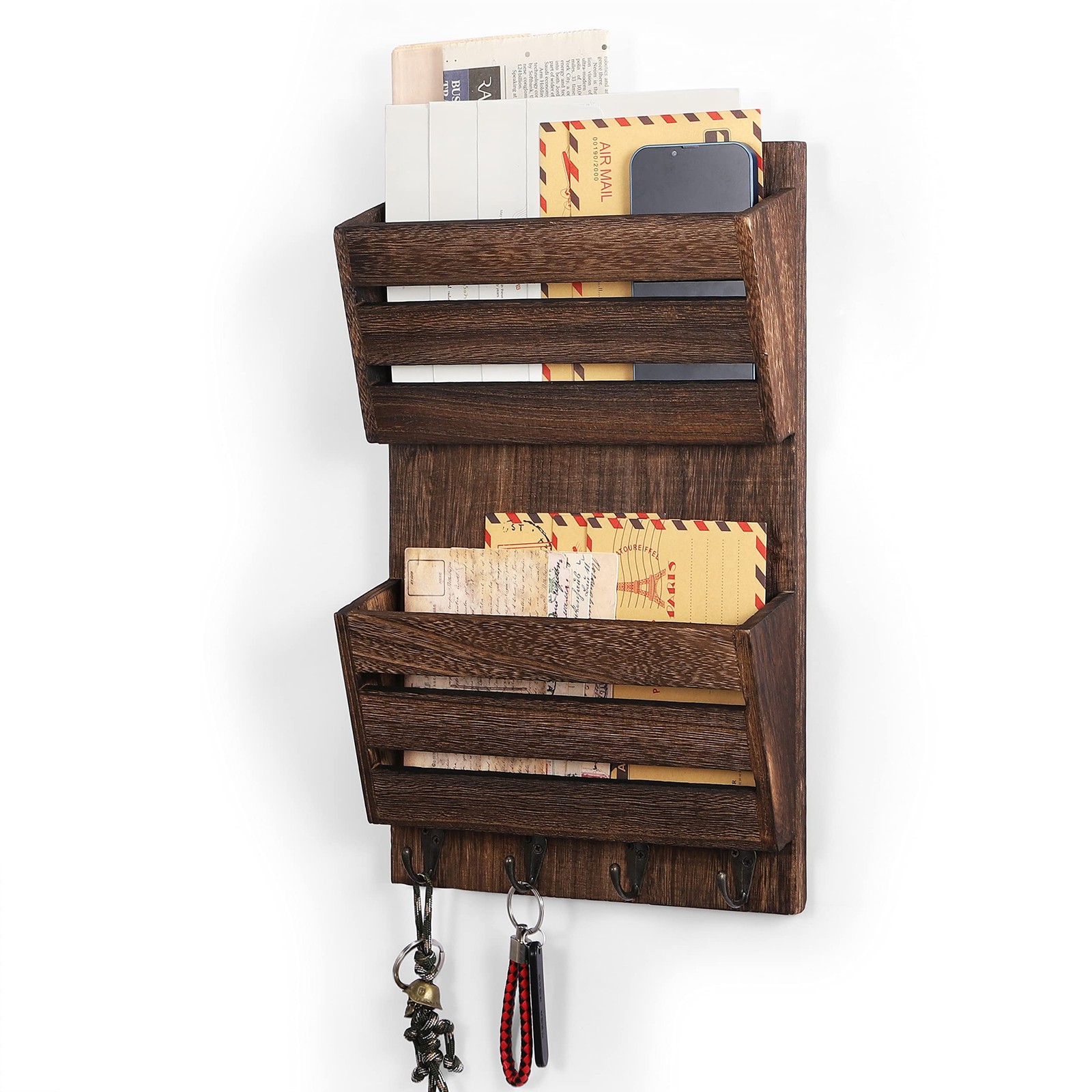 Organizer Wall Mount with Key Hooks, 2-Slot Wood and Key Holder for Wall Orga…