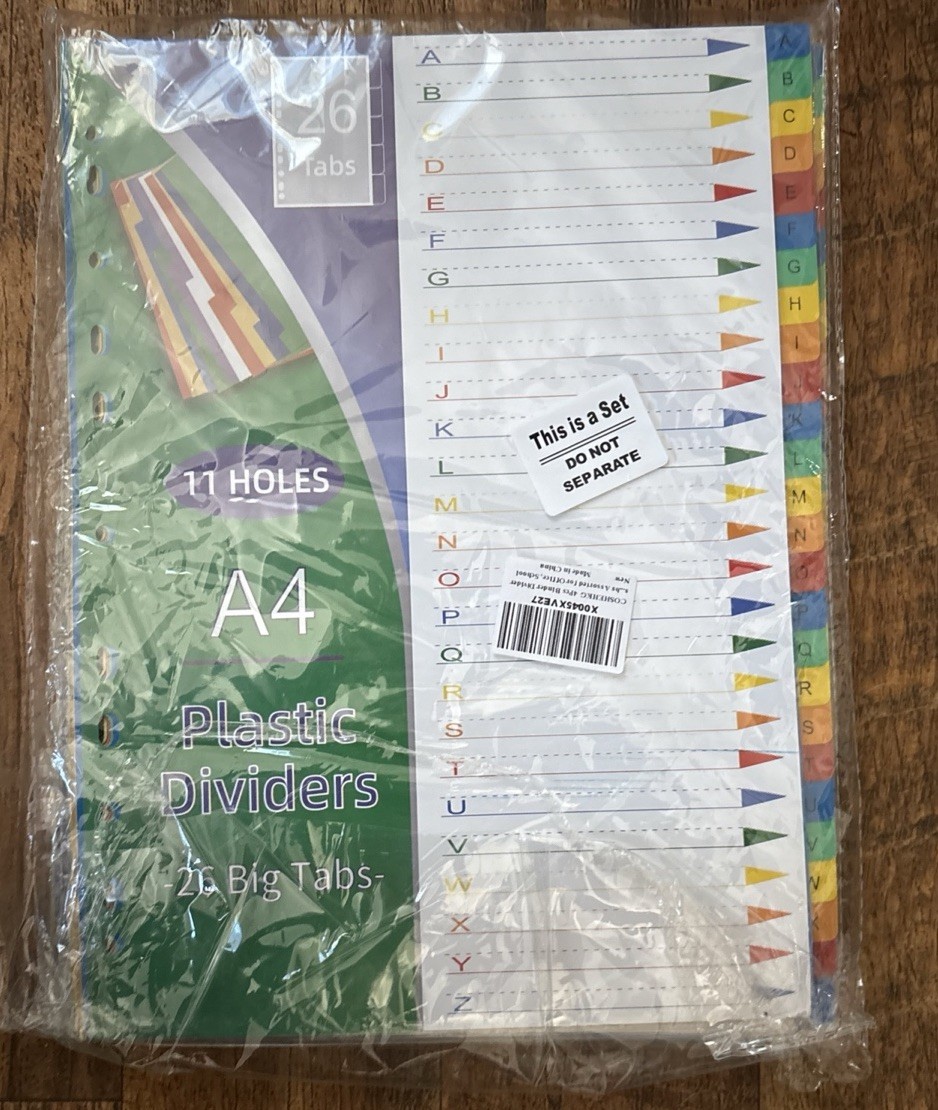 4Pk – Durable A-Z Alphabet Dividers – Easy Organization – 11 Holes For Binders