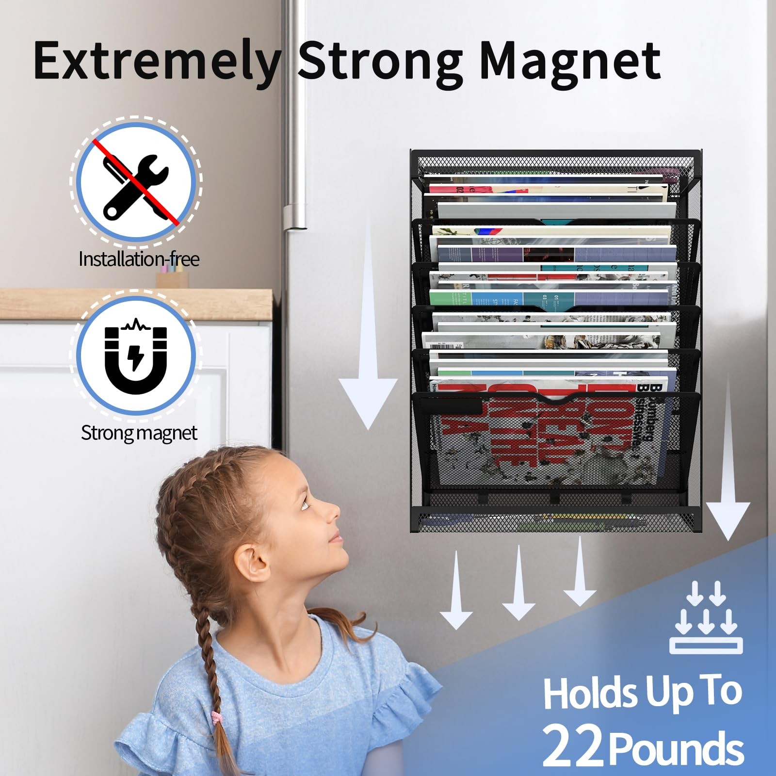 LQPAFZ 7-Tier Magnetic File Holder, No Drilling Wall Organizer, Black