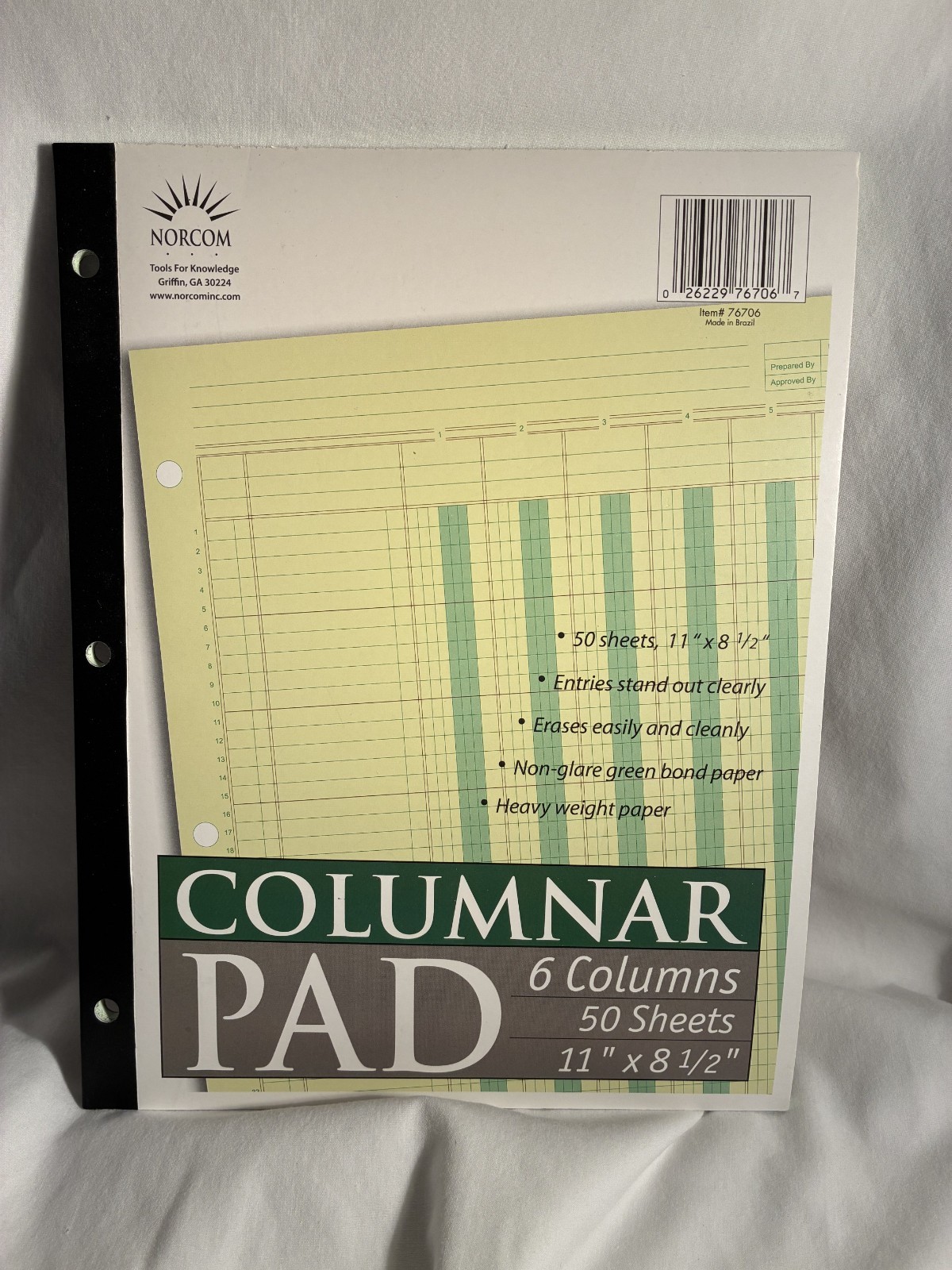 Norcom Columnar Pad 50 Sheets 6 Columns 11 x 8.5 Inches Green #76706 Non-Glare