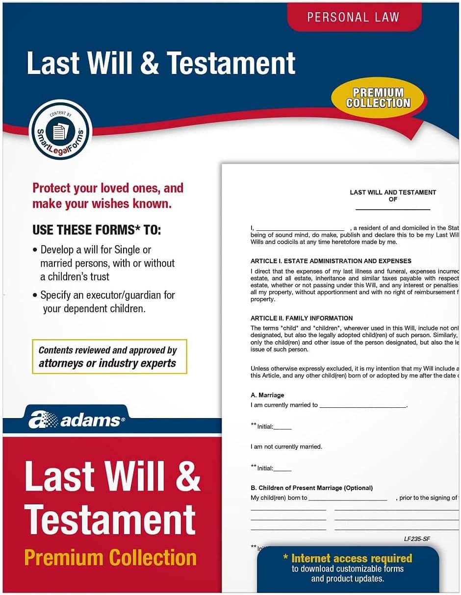 Last Will and Testament, Forms and Instructions, Downloadable Product Details on