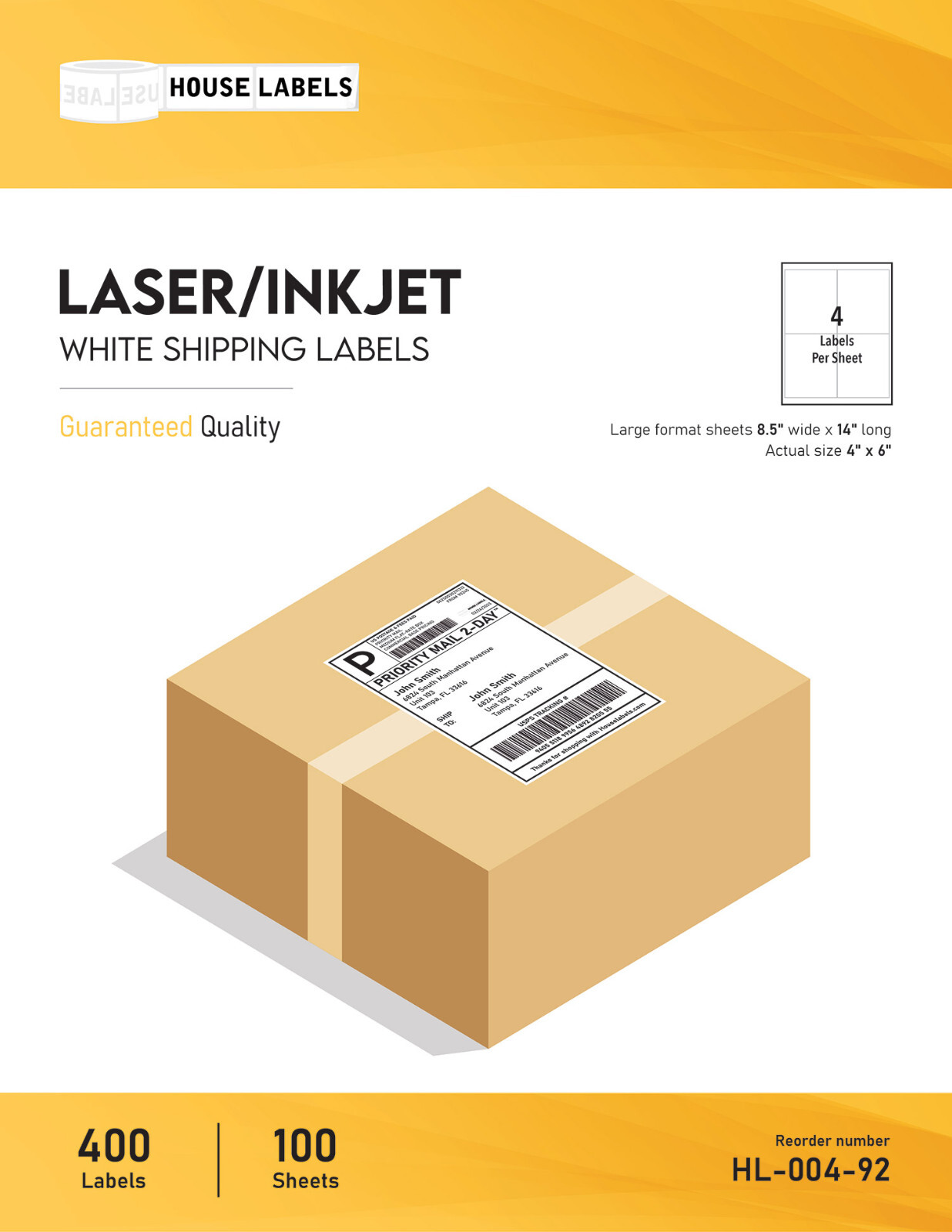 4×6 (4″ x 6″) 4 UP LARGE FORMAT LEGAL SIZE White Shipping Labels – (25) Sheets